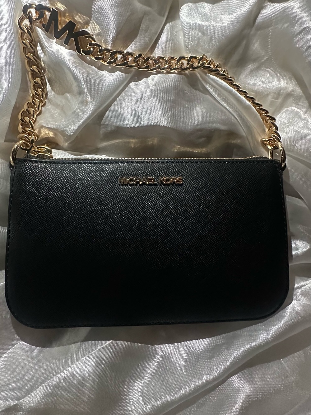 MICHAEL KORS Black Saffiano Clutch with Gold Chain Strap